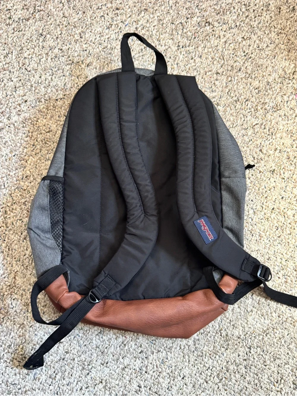 JanSport Cool Student Gray Herringbone Brown Faux Leather Laptop Backpack